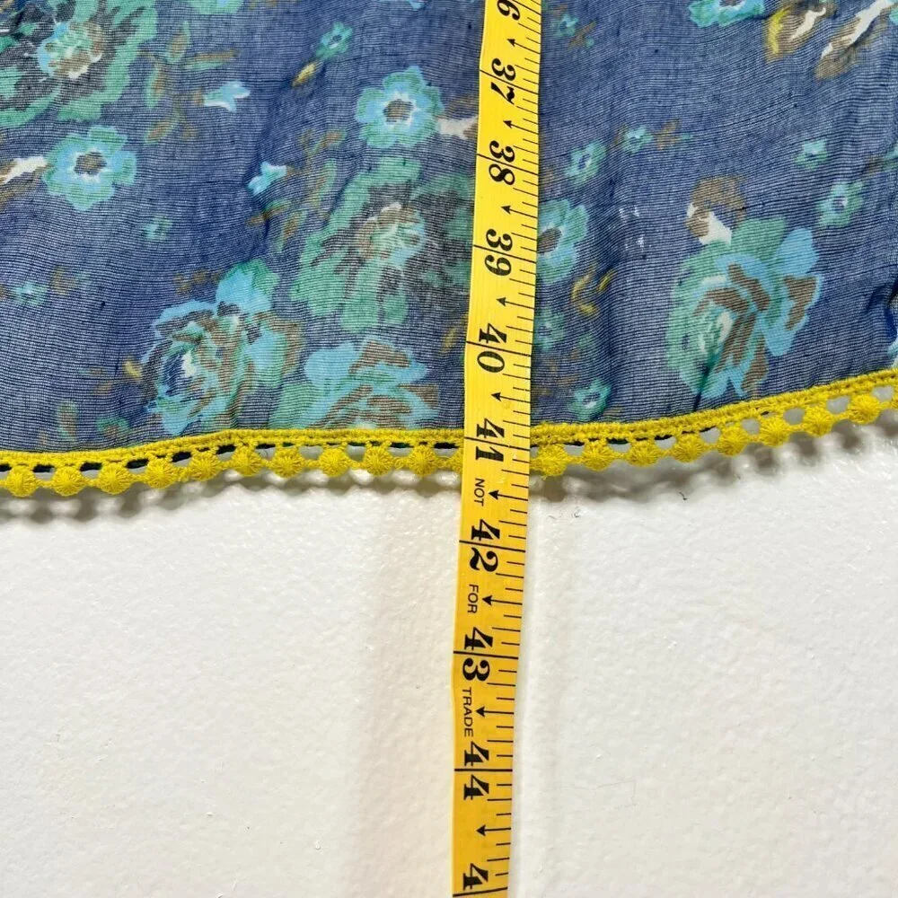 Women's‎ Square Scarf 40 in Blue Floral Yellow Crochet Hem Sheer Vibrant Coverup